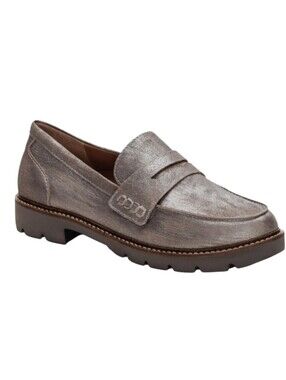 Aetrex Collette Brushed Silver Metallic Leather Arch Support Loafers 6.5